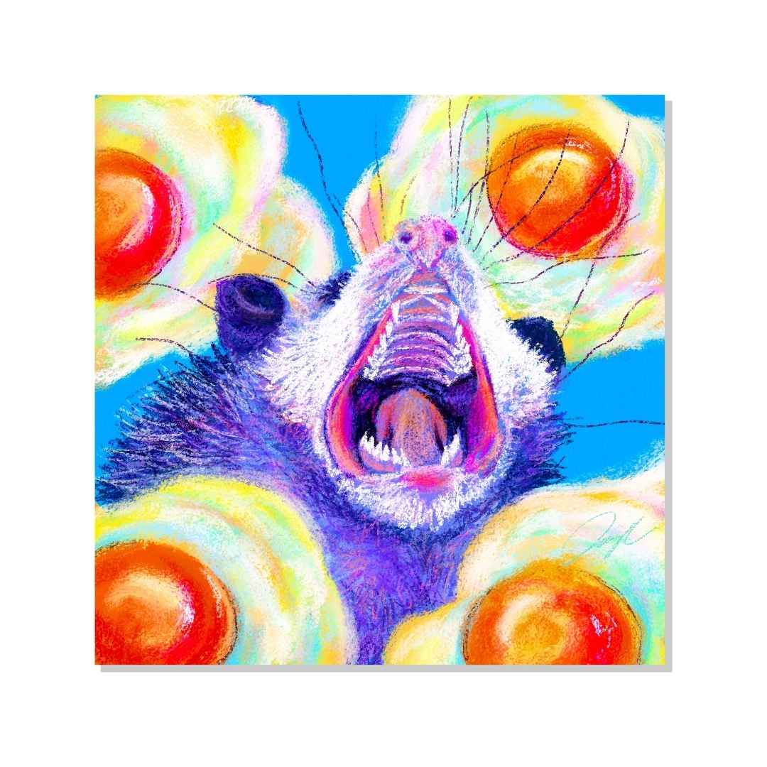 Culinary Critters Collection - "AAAAAAA with a Side of Eggs" Non-Holographic Matte Sticker - Screaming Opossum with Eggs Decorative Stickers JoyousJoyfulJoyness