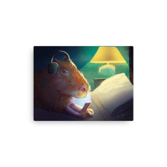 "Late Nite Capy": Painting of a Capybara Scrolling on a Bed [Unfoiled] Posters, Prints, & Visual Artwork JoyousJoyfulJoyness 