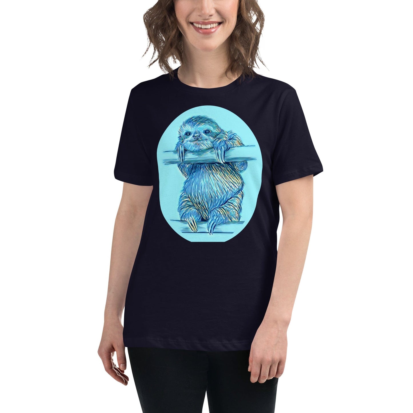 Sloth Women's Relaxed T-Shirt JoyousJoyfulJoyness Navy S