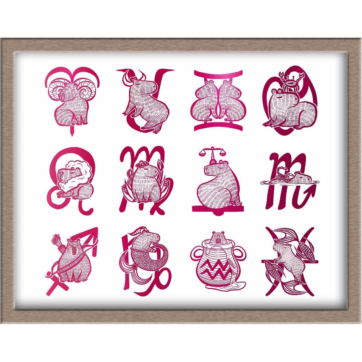 All the Capybara Zodiac Signs Foiled Print (Horizontal) Posters, Prints, & Visual Artwork JoyousJoyfulJoyness 