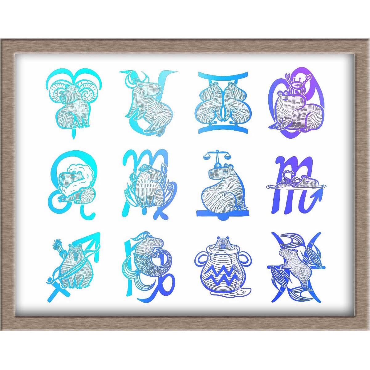 All the Capybara Zodiac Signs Foiled Print (Horizontal) Posters, Prints, & Visual Artwork JoyousJoyfulJoyness 