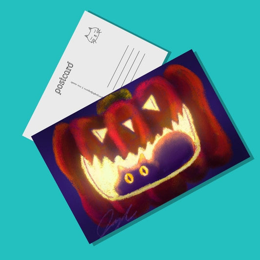 Black Cat in Pumpkin Postcard - Postcard with Black Cat in a Jack O'Lantern (Limited Quantities) Postcards JoyousJoyfulJoyness 
