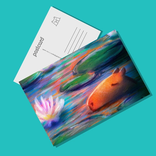 Capybara Among the Lilies Postcard - Postcard with a Capybara Swimming Among Water Lilies (Limited Quantities) Postcards JoyousJoyfulJoyness 