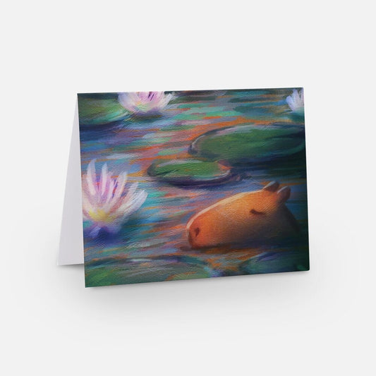 Capybara Among the Lilies Greeting Card - Blank Card with a Capybara Swimming Among Water Lilies (Limited Quantities) Greeting Card JoyousJoyfulJoyness 
