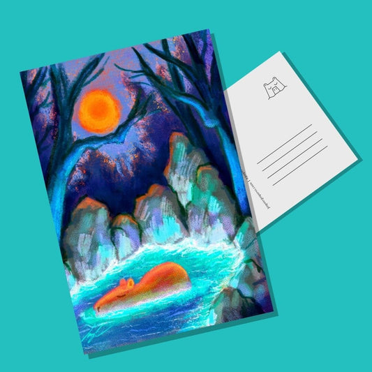 Capybara Among the Rocks Postcard - Postcard with a Capybara Swimming in Bioluminescent Water (Limited Quantities) Postcards JoyousJoyfulJoyness 