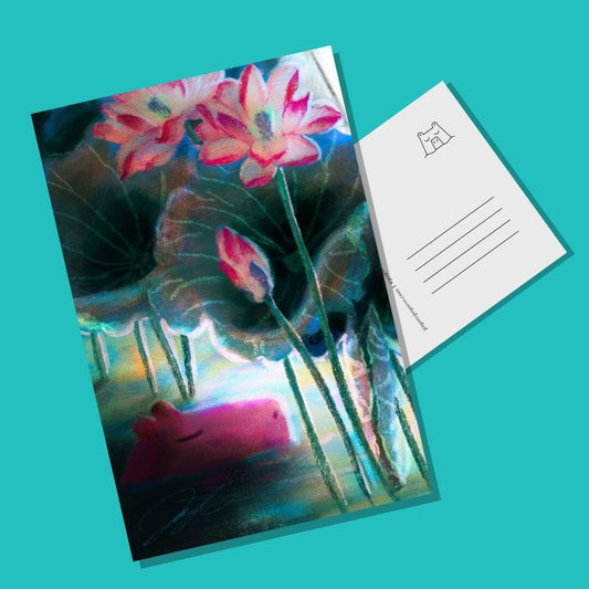 Capybara Under the Lotuses Postcard - Postcard with a Capybara Sleeping Under Lotuses (Limited Quantities) Postcards JoyousJoyfulJoyness 