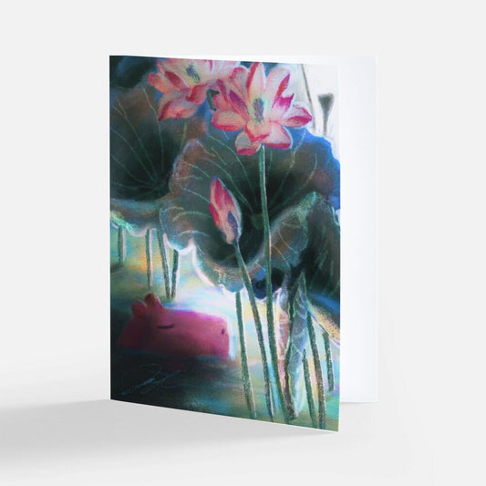 Capybara Under the Lotuses Greeting Card - Blank Card with a Capybara Sleeping Under Lotuses (Limited Quantities) Greeting Card JoyousJoyfulJoyness 