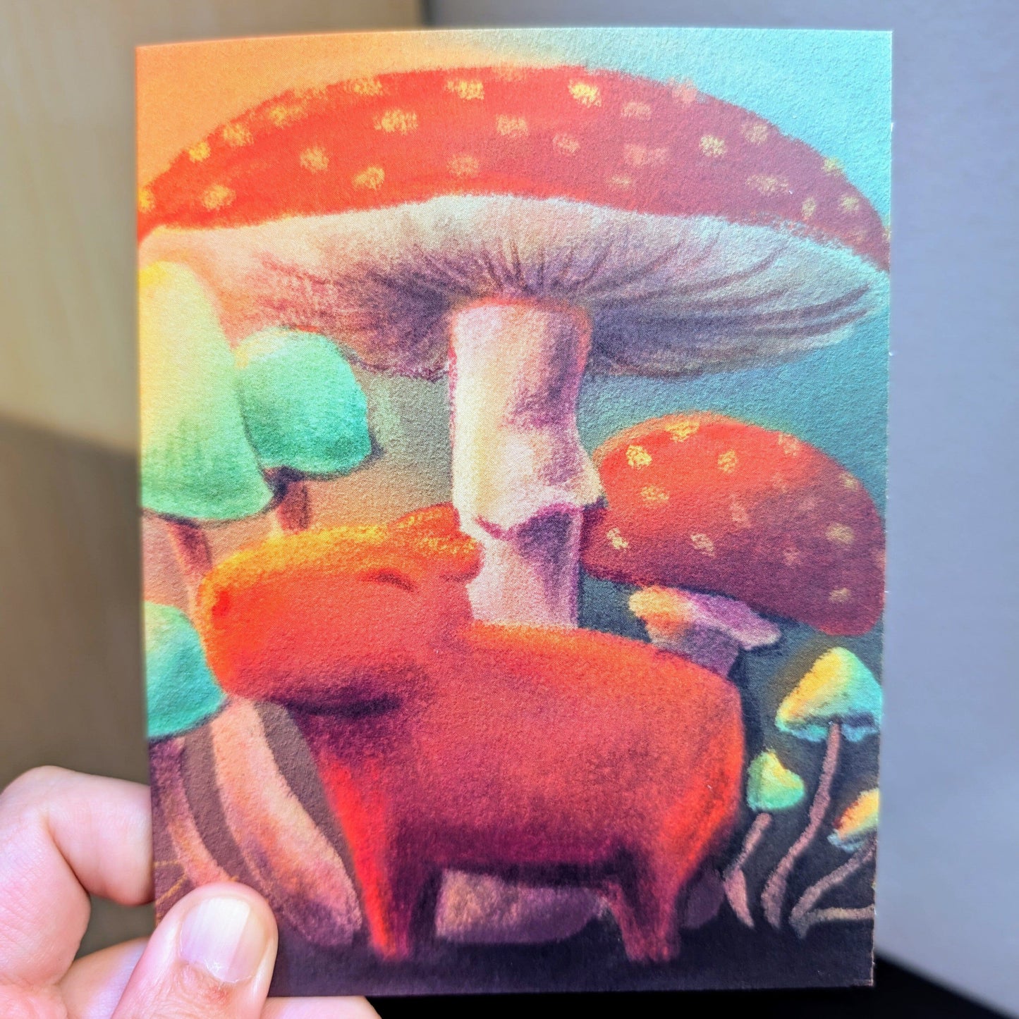 Capybara and Mushrooms Greeting Card - Blank Card with a Capybara Standing Under Mushrooms (Limited Quantities) Greeting Card JoyousJoyfulJoyness 