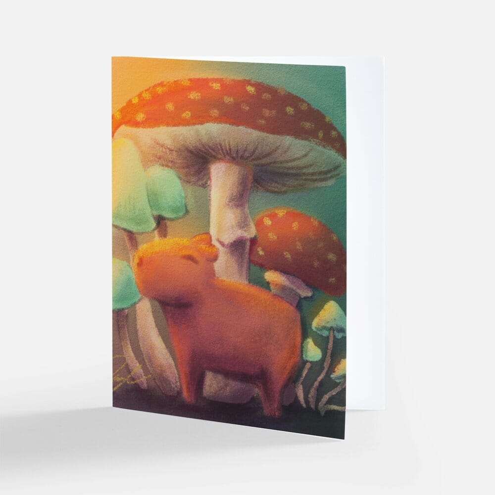 Capybara and Mushrooms Greeting Card - Blank Card with a Capybara Standing Under Mushrooms (Limited Quantities) Greeting Card JoyousJoyfulJoyness 