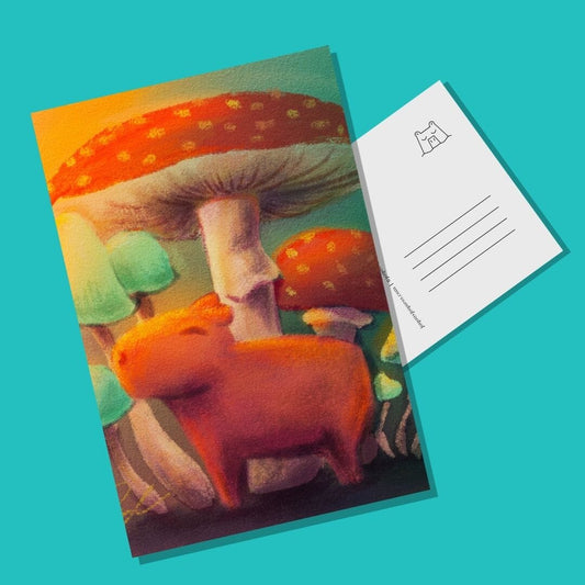 Capybara and Mushrooms Postcard - Postcard with a Capybara Standing Under Mushrooms (Limited Quantities) Postcards JoyousJoyfulJoyness 