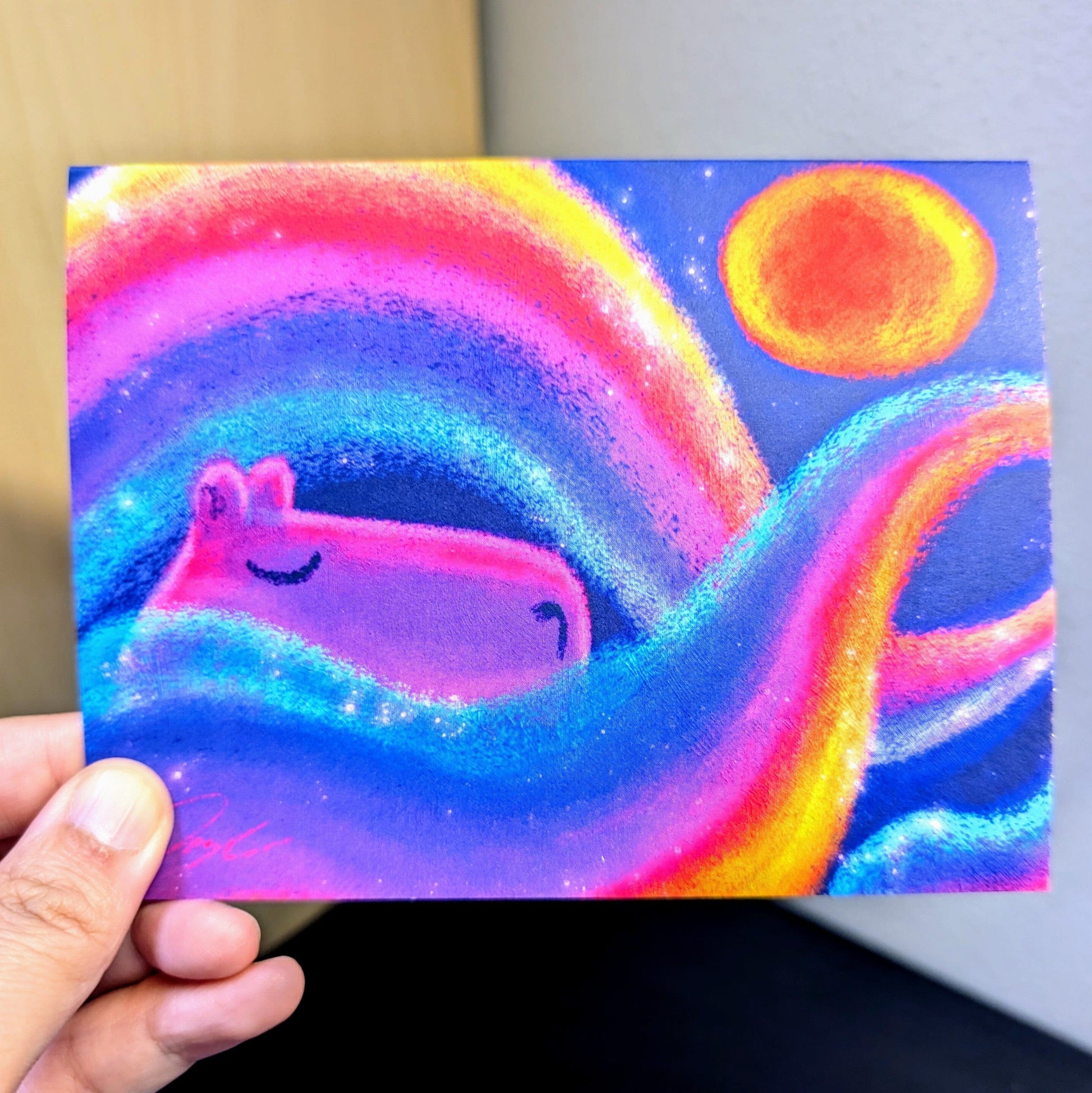 Capybara and Rainbows Greeting Card - Blank Card with a Capybara Sleeping Among Rainbows (Limited Quantities) Greeting Card JoyousJoyfulJoyness 
