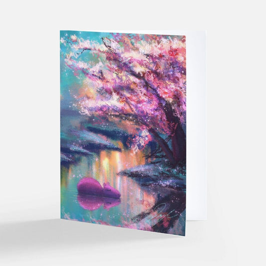 Four Seasons Collection - "Capybara in Spring" Greeting Card - Blank Card with a Capybara Sleeping Under Cherry Blossoms (Limited Quantities) Greeting Card JoyousJoyfulJoyness 