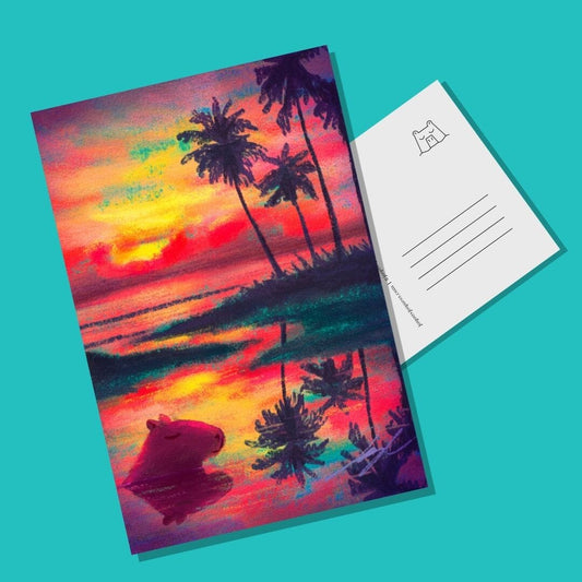 Four Seasons Collection - "Capybara in Summer" Postcard - Postcard with a Capybara Sleeping at the Beach (Limited Quantities) Postcards JoyousJoyfulJoyness 