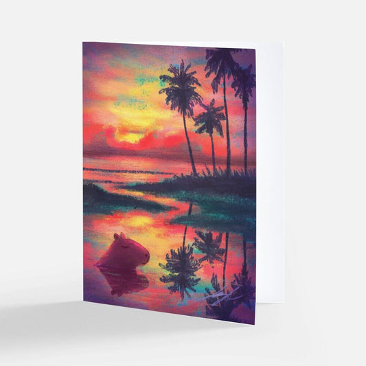 Four Seasons Collection - "Capybara in Summer" Greeting Card - Blank Card with a Capybara Sleeping at the Beach (Limited Quantities) Greeting Card JoyousJoyfulJoyness 