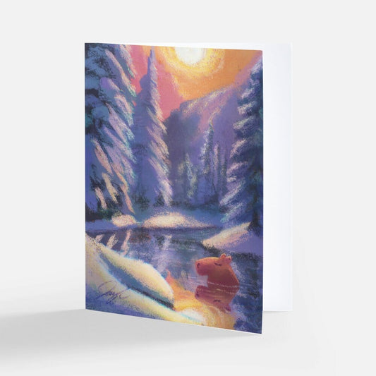 Four Seasons Collection - "Capybara in Winter" Greeting Card - Blank Card with a Capybara Sleeping in a Snowy Lake (Limited Quantities) Greeting Card JoyousJoyfulJoyness 