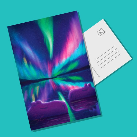 Capybaras and Northern Lights Postcard - Postcard with Capybaras Sleeping Under Northern Lights (Limited Quantities) Postcards JoyousJoyfulJoyness 