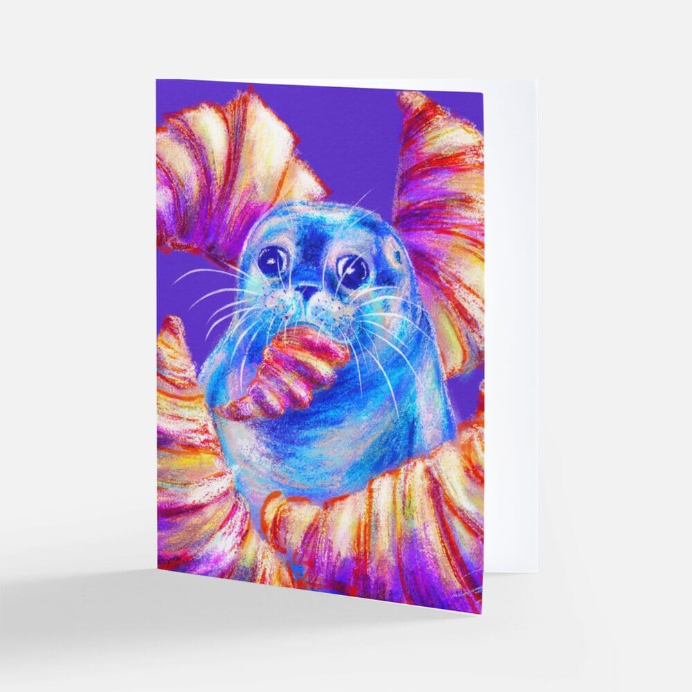 Culinary Critters Collection - "Carb Loading" Greeting Card - Blank Card with a Fat Seal Eating a Croissant (Limited Quantities) Greeting Card JoyousJoyfulJoyness 