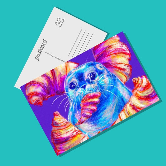 Culinary Critters Collection - "Carb Loading" Postcard - Postcard with a Fat Seal Eating a Croissant (Limited Quantities) Postcards JoyousJoyfulJoyness 