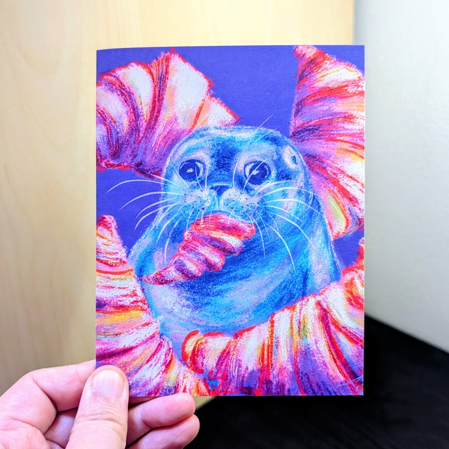 Culinary Critters Collection - "Carb Loading" Greeting Card - Blank Card with a Fat Seal Eating a Croissant (Limited Quantities) Greeting Card JoyousJoyfulJoyness 