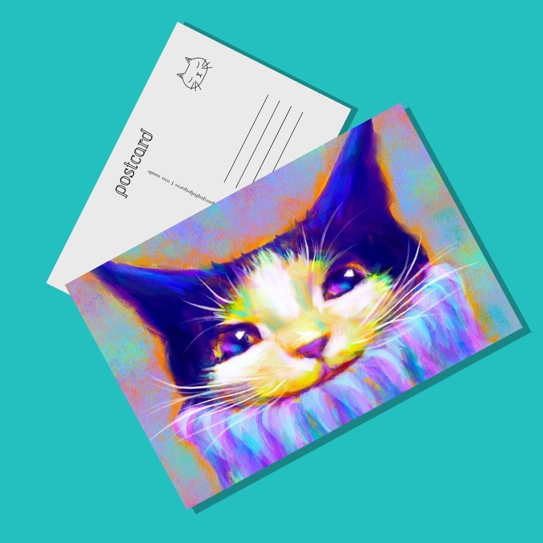 Chroma Cats Collection - "Chunky Sweater" Greeting Postcard - Postcard with a Colorful Tuxedo Cat Wearing a Turtleneck (Limited Quantities) Postcards JoyousJoyfulJoyness 