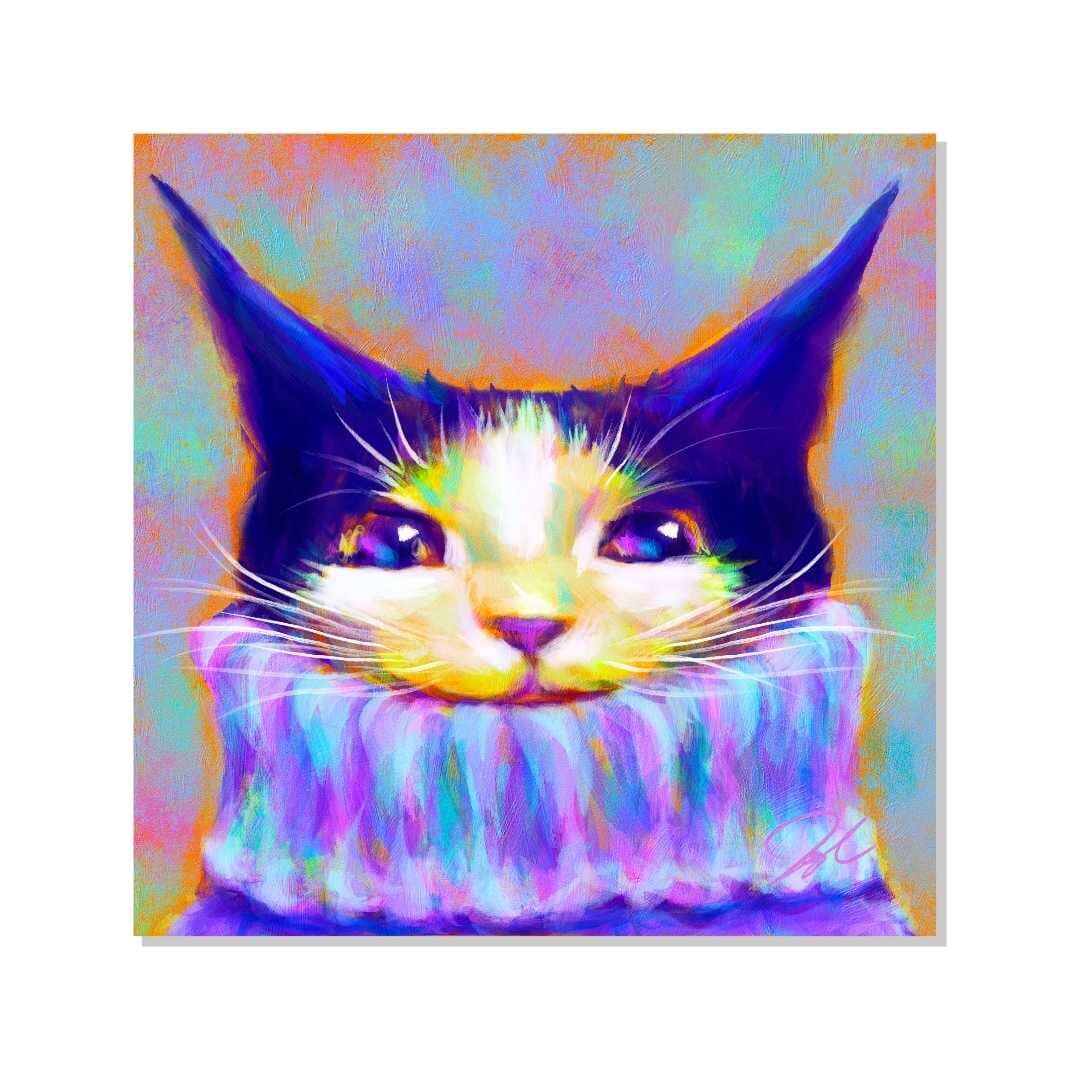 Chroma Cats Collection - "Chunky Sweater" Non-Holographic Matte Sticker - Colorful Tuxedo Cat Wearing a Turtleneck Decorative Stickers JoyousJoyfulJoyness 
