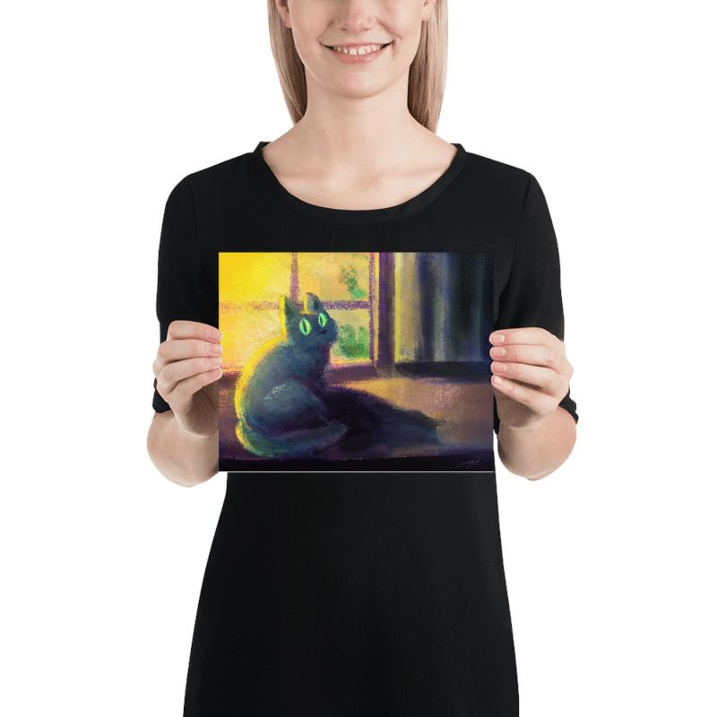 "Glowing Cat": Painting of a Black Cat Sitting at a Window [Unfoiled] Posters, Prints, & Visual Artwork JoyousJoyfulJoyness 