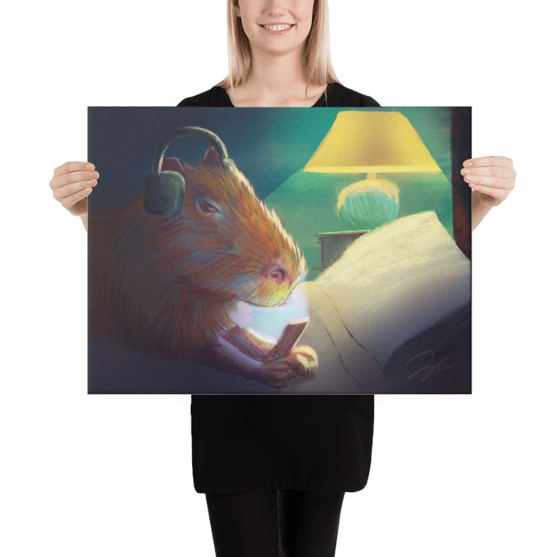 "Late Nite Capy": Painting of a Capybara Scrolling on a Bed [Unfoiled] Posters, Prints, & Visual Artwork JoyousJoyfulJoyness 