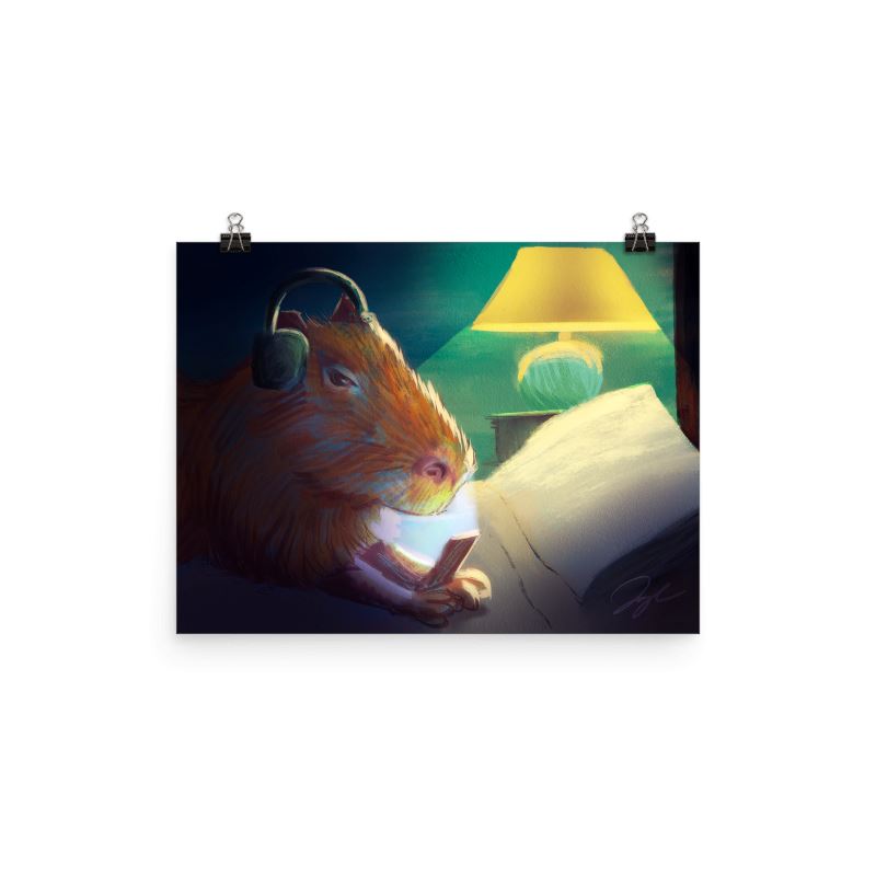 "Late Nite Capy": Painting of a Capybara Scrolling on a Bed [Unfoiled] Posters, Prints, & Visual Artwork JoyousJoyfulJoyness 