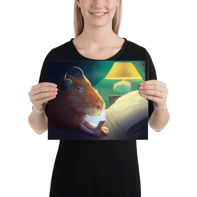 "Late Nite Capy": Painting of a Capybara Scrolling on a Bed [Unfoiled] Posters, Prints, & Visual Artwork JoyousJoyfulJoyness 
