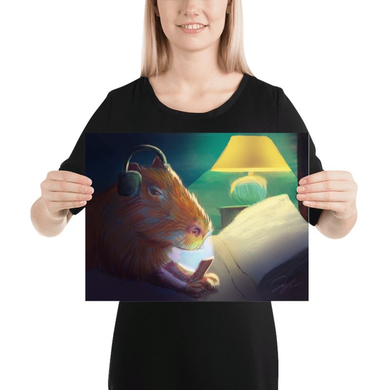 "Late Nite Capy": Painting of a Capybara Scrolling on a Bed [Unfoiled] Posters, Prints, & Visual Artwork JoyousJoyfulJoyness 