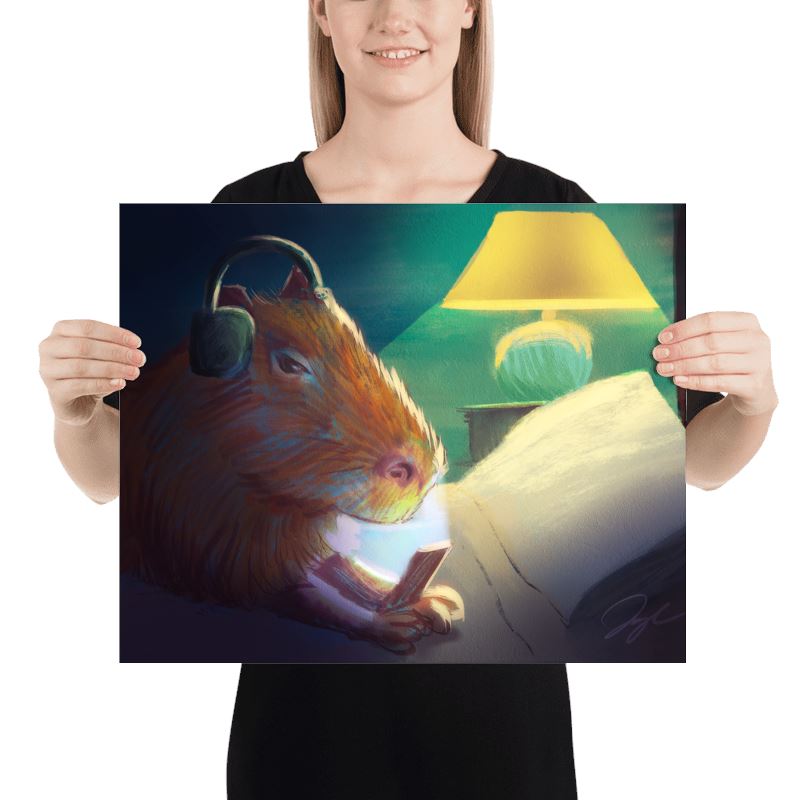 "Late Nite Capy": Painting of a Capybara Scrolling on a Bed [Unfoiled] Posters, Prints, & Visual Artwork JoyousJoyfulJoyness 