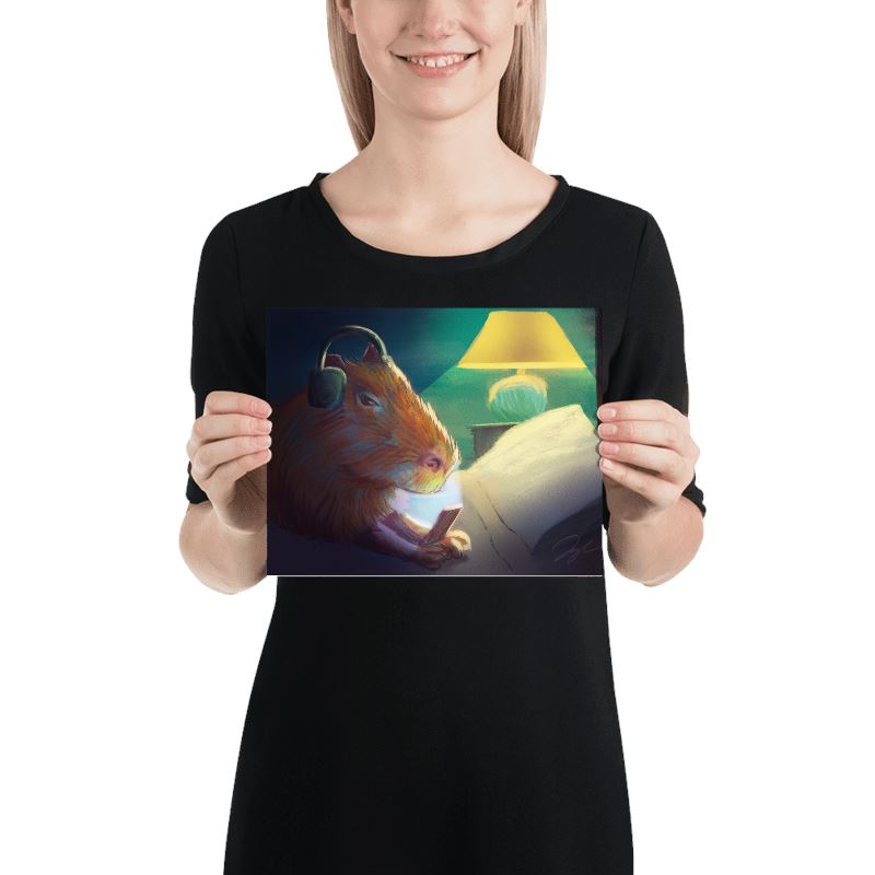 "Late Nite Capy": Painting of a Capybara Scrolling on a Bed [Unfoiled] Posters, Prints, & Visual Artwork JoyousJoyfulJoyness 