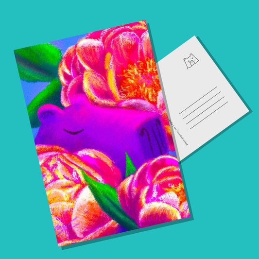 Capybara and Birth Flowers - 11 - "November Peonies" Postcard - Postcard with a Capybara and Peonies (Limited Quantities) Postcards JoyousJoyfulJoyness 