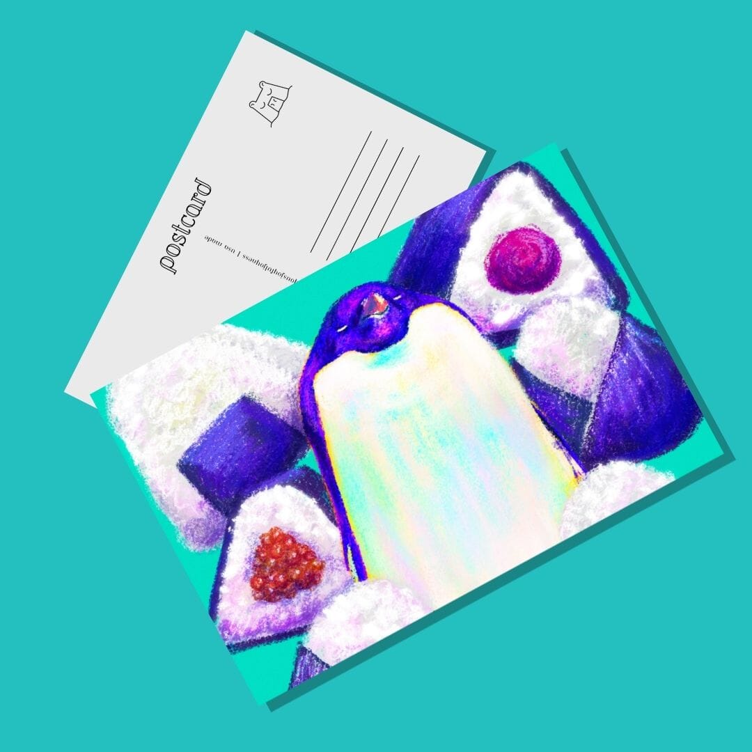 Culinary Critters Collection - "Pen-giri" Postcard - Postcard with a Plump Penguin Surrounded by Onigiri (Limited Quantities) Postcards JoyousJoyfulJoyness 