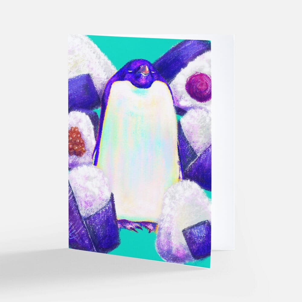 Culinary Critters Collection - "Pen-giri" Greeting Card - Blank Card with a Plump Penguin Surrounded by Onigiri (Limited Quantities) Greeting Card JoyousJoyfulJoyness 