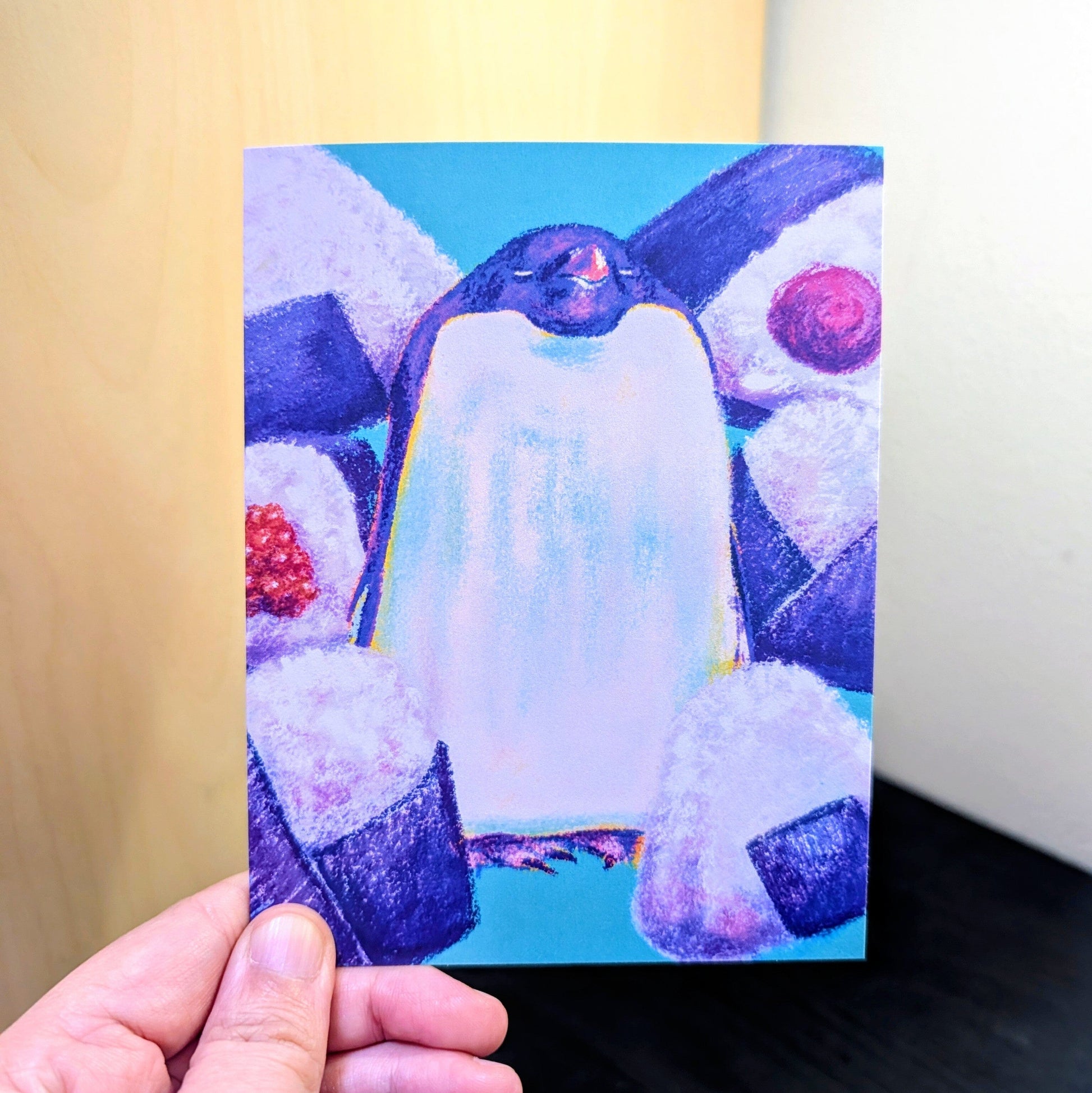 Culinary Critters Collection - "Pen-giri" Greeting Card - Blank Card with a Plump Penguin Surrounded by Onigiri (Limited Quantities) Greeting Card JoyousJoyfulJoyness 