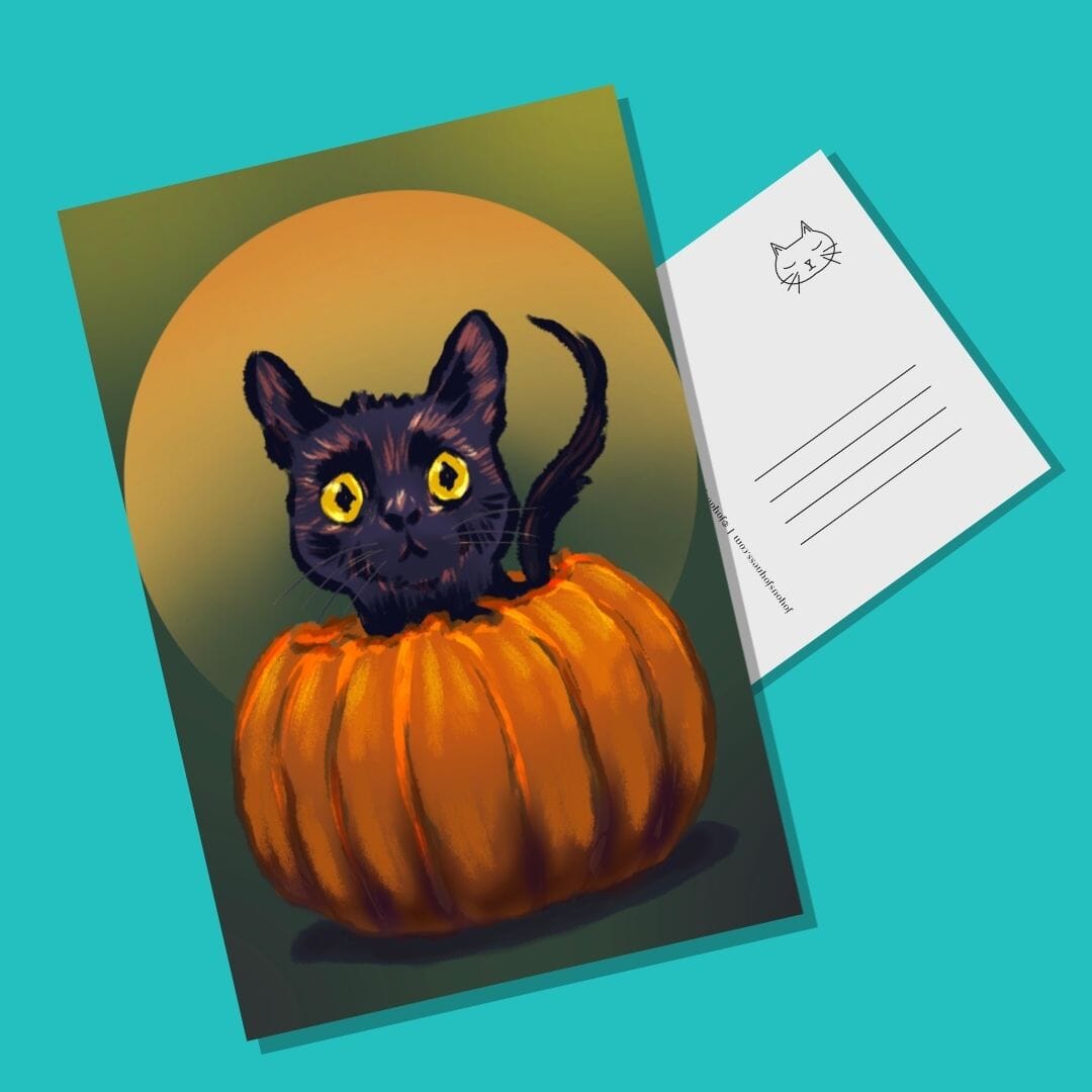 Pumpkin Cat Postcard - Postcard with a Black Cat in a Pumpkin (Limited Quantities) Postcards JoyousJoyfulJoyness 
