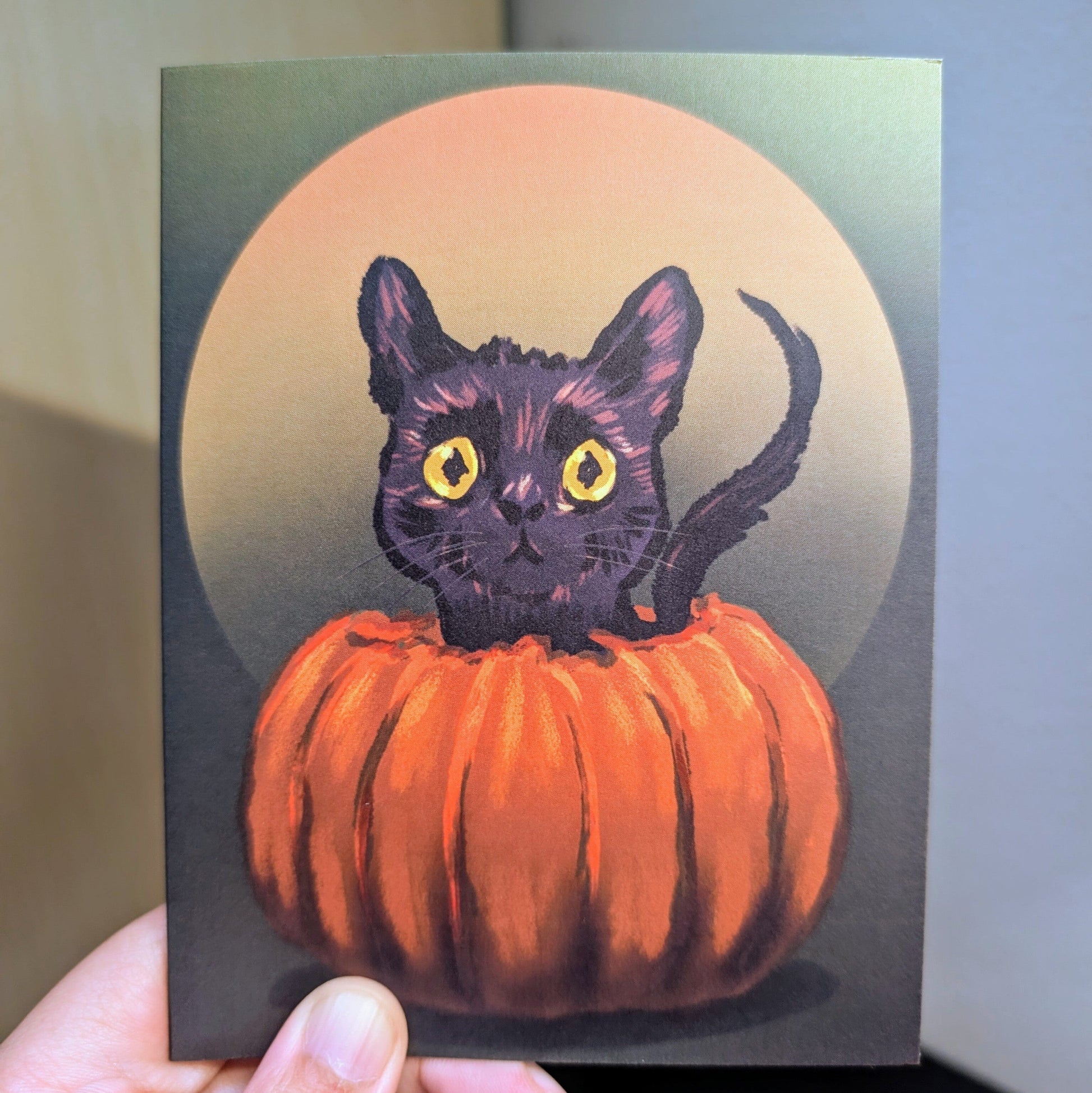 Pumpkin Cat Greeting Card - Blank Card with a Black Cat in a Pumpkin (Limited Quantities) Greeting Card JoyousJoyfulJoyness 