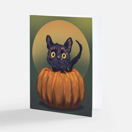 Pumpkin Cat Greeting Card - Blank Card with a Black Cat in a Pumpkin (Limited Quantities) Greeting Card JoyousJoyfulJoyness 