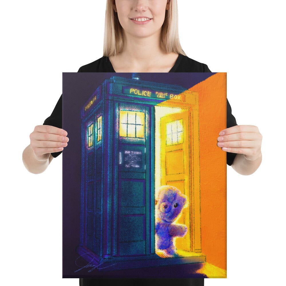 "Teddy Bear and the TARDIS" Painting [Unfoiled] | Painting of a Childhood Stuffed Bear Exiting the TARDIS Posters, Prints, & Visual Artwork JoyousJoyfulJoyness 