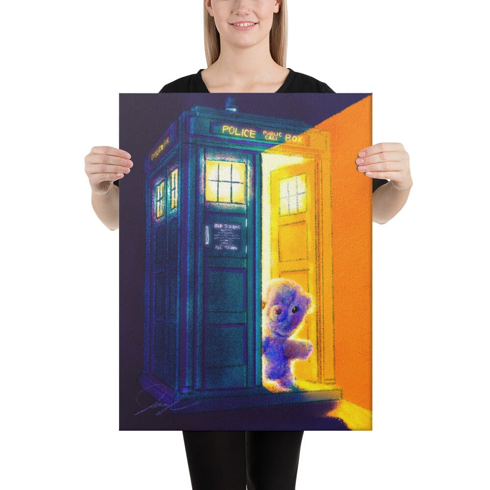 "Teddy Bear and the TARDIS" Painting [Unfoiled] | Painting of a Childhood Stuffed Bear Exiting the TARDIS Posters, Prints, & Visual Artwork JoyousJoyfulJoyness 