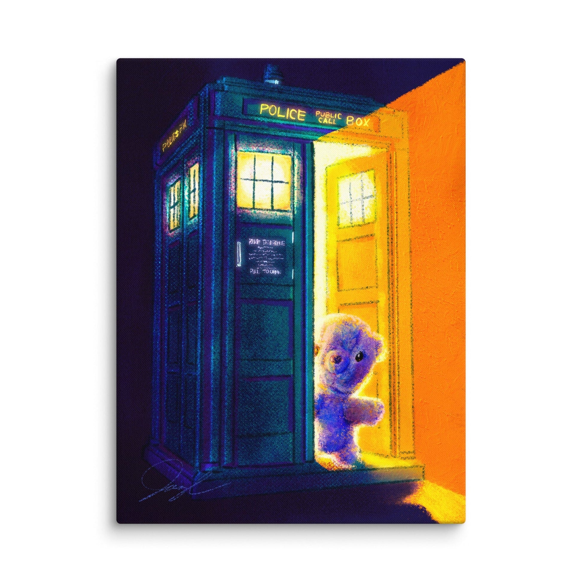"Teddy Bear and the TARDIS" Painting [Unfoiled] | Painting of a Childhood Stuffed Bear Exiting the TARDIS Posters, Prints, & Visual Artwork JoyousJoyfulJoyness 