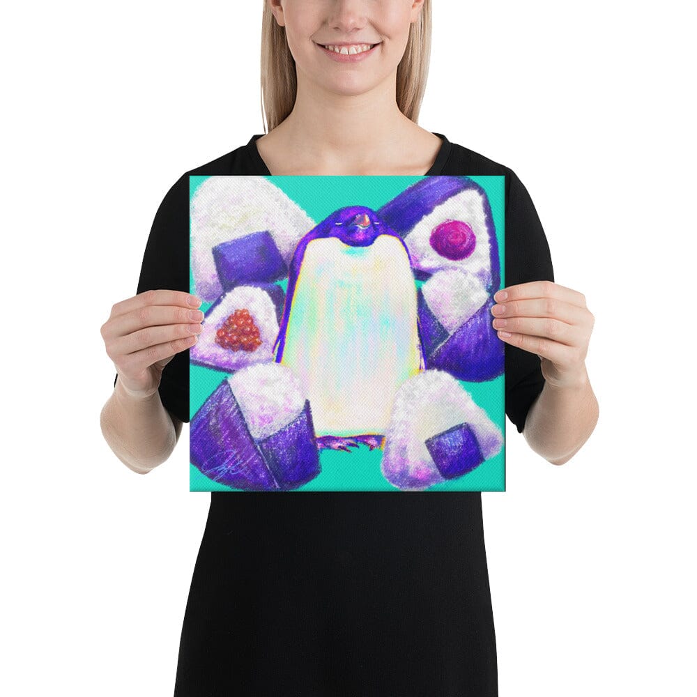 Culinary Critters Collection - "Pen-igiri" Painting | Chonky Penguin Surrounded by Onigiri [Unfoiled] Posters, Prints, & Visual Artwork JoyousJoyfulJoyness 