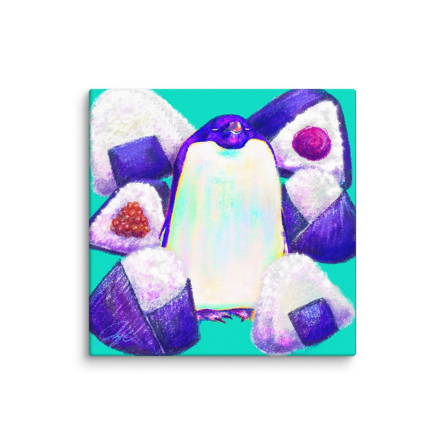 Culinary Critters Collection - "Pen-igiri" Painting | Chonky Penguin Surrounded by Onigiri [Unfoiled] Posters, Prints, & Visual Artwork JoyousJoyfulJoyness 