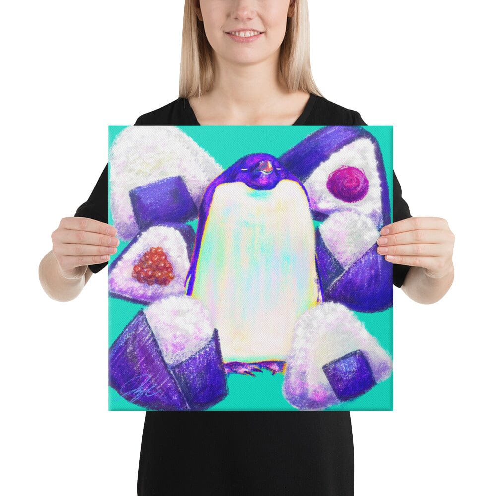 Culinary Critters Collection - "Pen-igiri" Painting | Chonky Penguin Surrounded by Onigiri [Unfoiled] Posters, Prints, & Visual Artwork JoyousJoyfulJoyness 