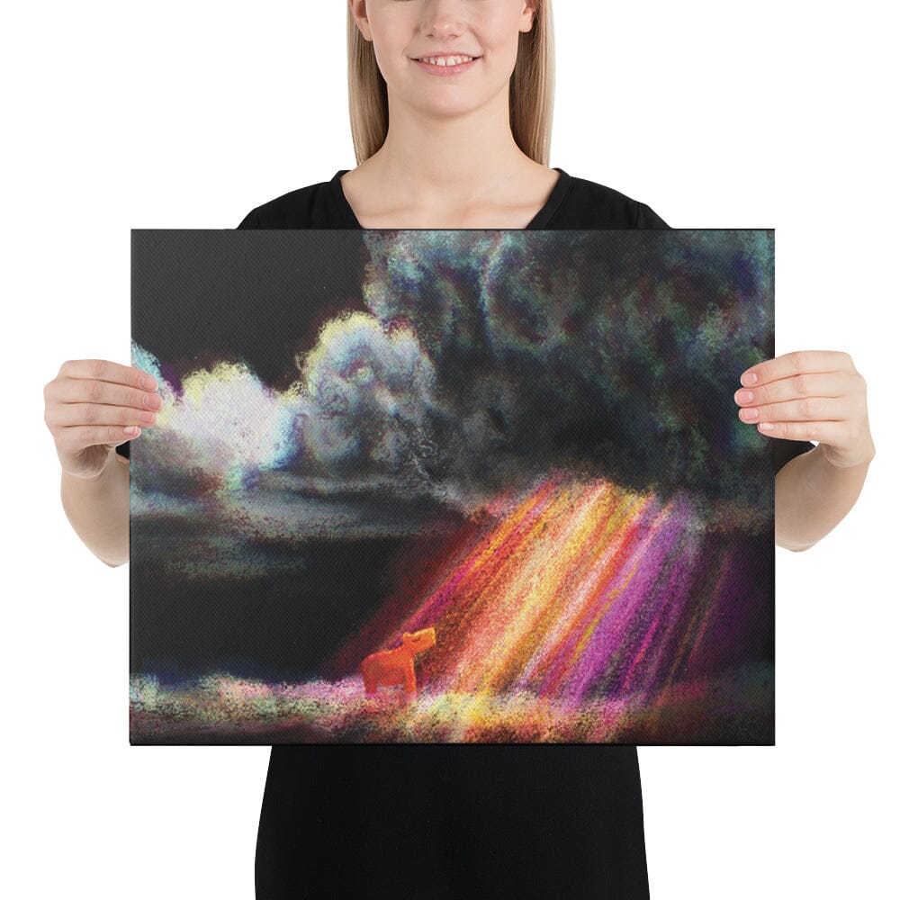 "Capybara and the Storm" Painting | Capybara Standing in a Rainbow with Dark Clouds Overhead [Unfoiled] Posters, Prints, & Visual Artwork JoyousJoyfulJoyness 