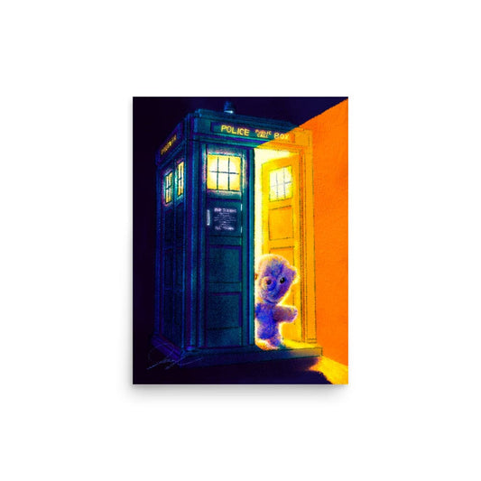 "Teddy Bear and the TARDIS" Painting [Unfoiled] | Painting of a Childhood Stuffed Bear Exiting the TARDIS Posters, Prints, & Visual Artwork JoyousJoyfulJoyness 