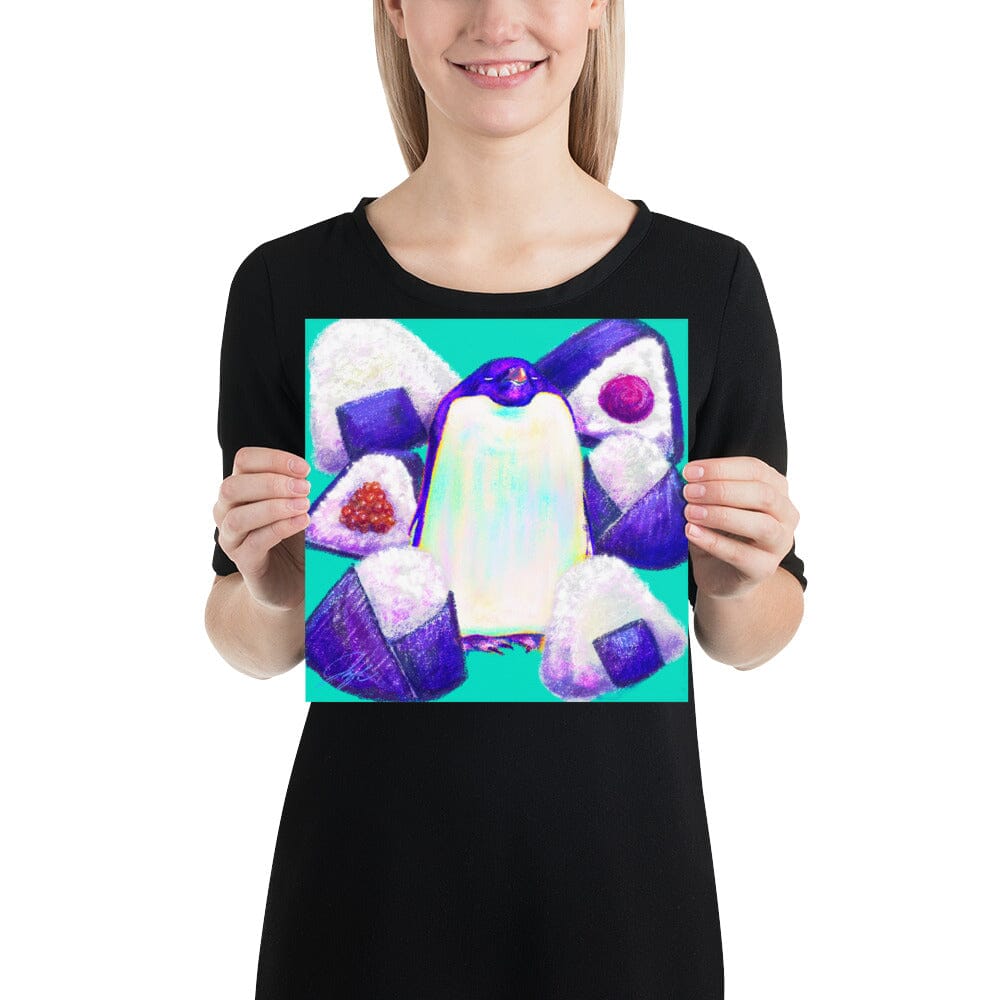 Culinary Critters Collection - "Pen-igiri" Painting | Chonky Penguin Surrounded by Onigiri [Unfoiled] Posters, Prints, & Visual Artwork JoyousJoyfulJoyness 