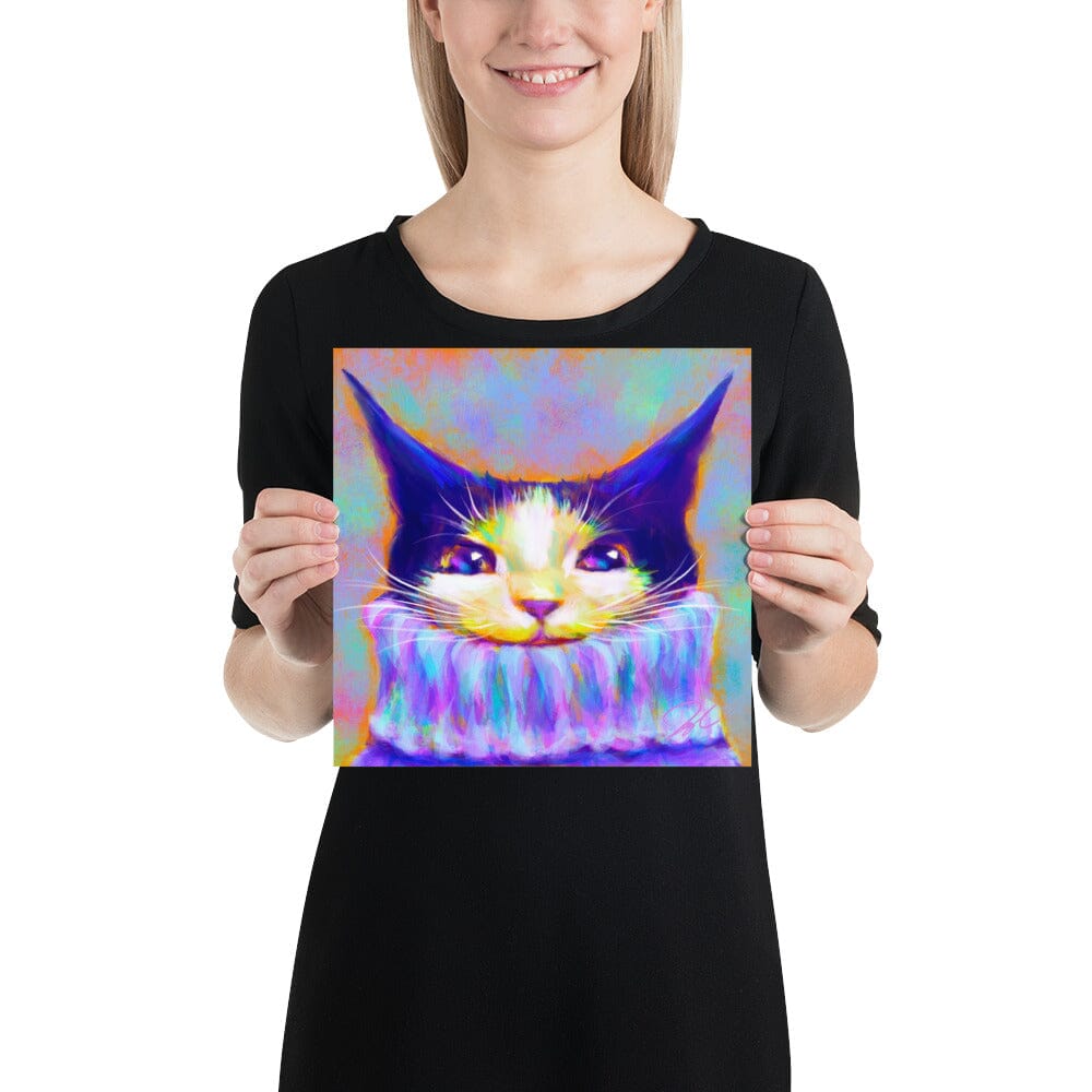Chroma Cats Collection - "Chunky Sweater" - Painting of a Colorful Tuxedo Cat Wearing a Turtleneck [Unfoiled] Posters, Prints, & Visual Artwork JoyousJoyfulJoyness 
