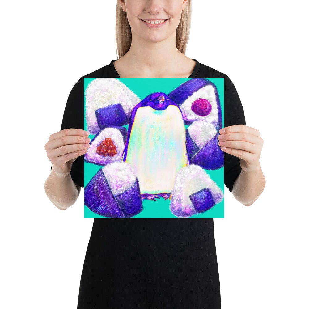 Culinary Critters Collection - "Pen-igiri" Painting | Chonky Penguin Surrounded by Onigiri [Unfoiled] Posters, Prints, & Visual Artwork JoyousJoyfulJoyness 